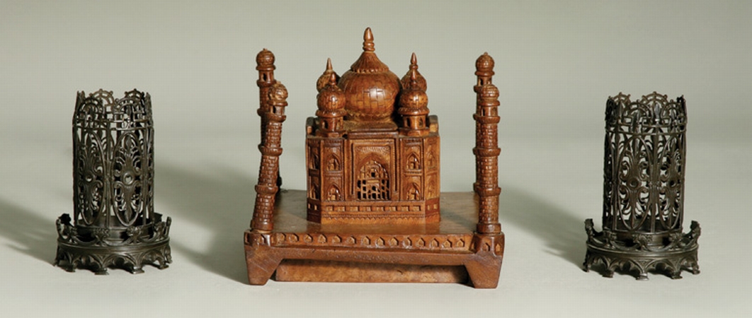 Lot image - Indian Hardwood Miniature Model of the Taj Mahal; Together with a Pair of Neo-Gothic Gilt-Bronze Candle Holders