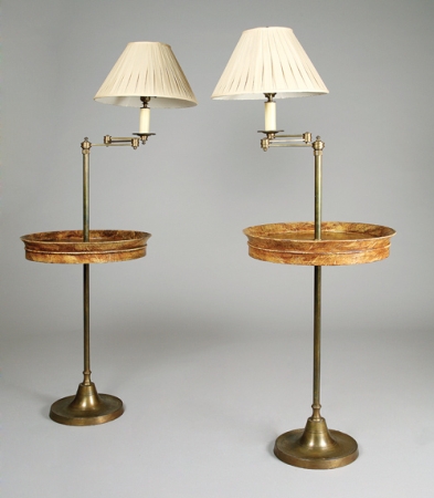Lot image - Pair of Brass Floor Lamps with Faux Bois Medial Shelves