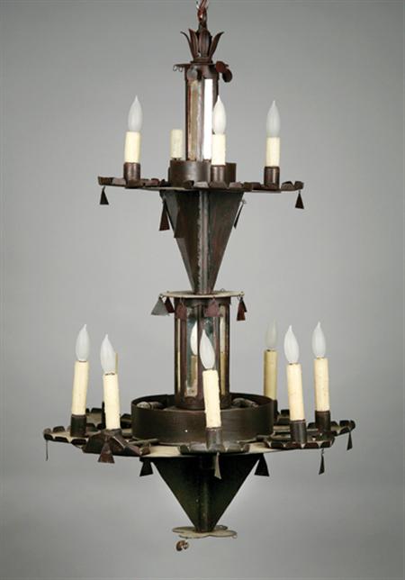Lot image - French Tole and Mirrored Twelve-Light Chandelier