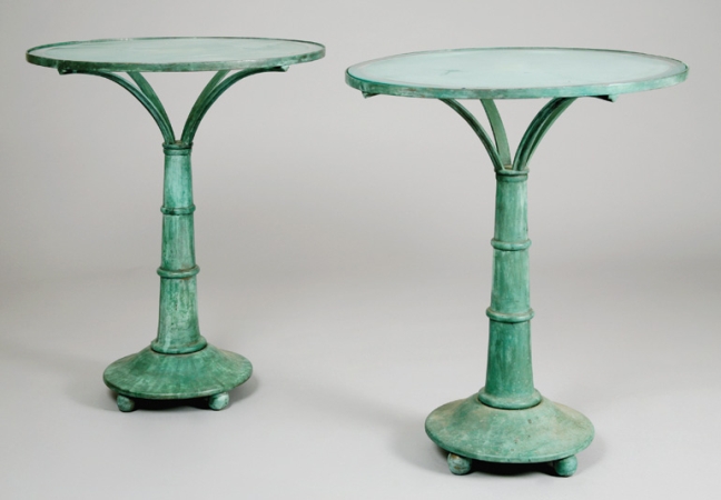 Lot image - Pair of Patinated-Metal and Glass Circular Side Tables