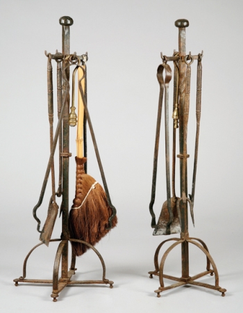 Lot image - Pair of Wrought Iron Fire Stands with Tools