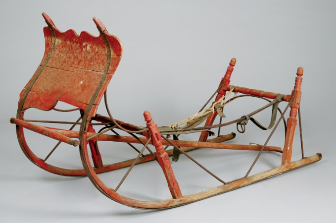 Lot image - Red Painted and Wrought Iron Sleigh