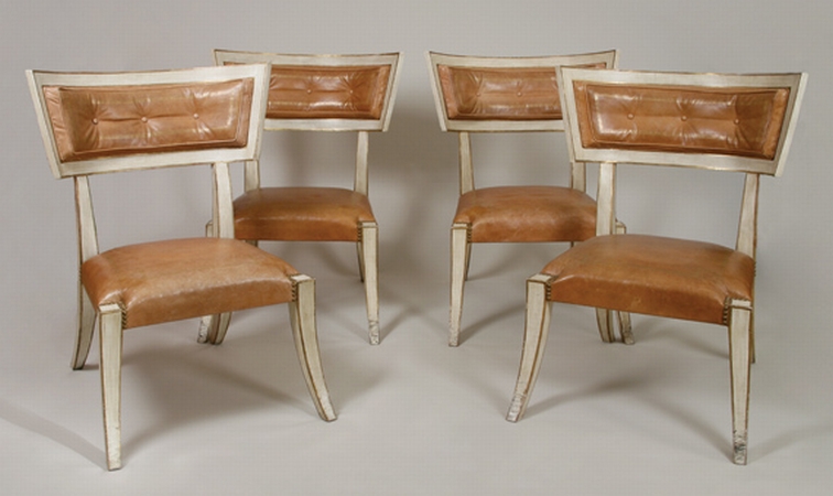 Lot image - Set of Four Swedish Neoclassical Style Cream Painted and Parcel Gilt Klismos Chairs