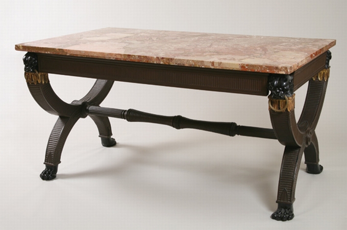 Lot image - Regency Style Brown Painted, Ebonized and Parcel Gilt Center Table