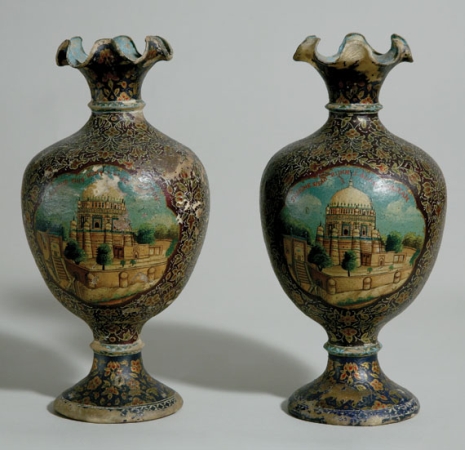 Lot image - Pair of Indian Papier Mache Painted and Parcel Gilt Urns