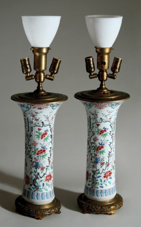 Lot image - Pair of Chinese Famille Rose Gilt-Metal Mounted Porcelain Vases