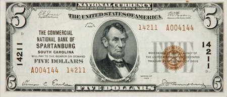 Lot image - 1929 $5 National Currency, Fr #S2040