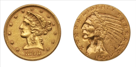 Lot image - Five $5 Gold Coins: 1898, 1907D, 1909D, 1910, 1914