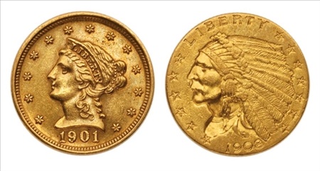 Lot image - Seven $2 1/2 Gold Coins: 1901, 1907, 1908, 1913, 1914, 1915, 1928