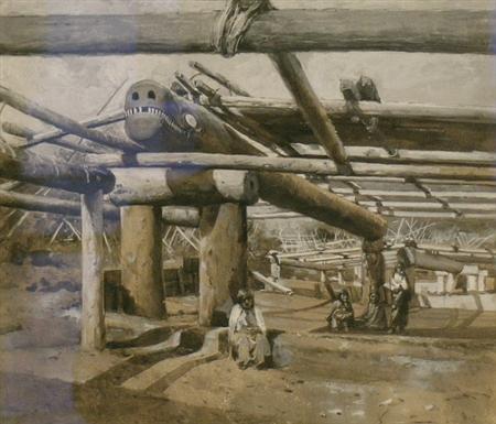 Lot image - Attributed to Willard Leroy Metcalf Northwest Pacific Coast Lodge Under Construction