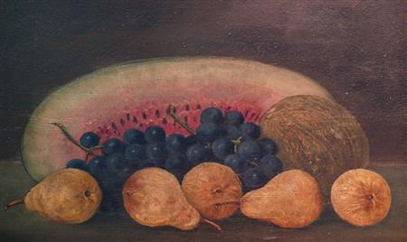 Lot image - American School 19th Century Still Life with Watermelon, Grapes and Pears