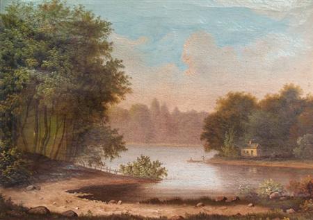 Lot image - American School 19th Century Lake Scene with Anglers, 1883