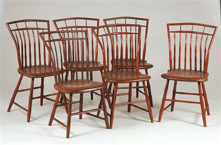Lot image - Set of Six Bamboo Turned Red Stained Windsor Side Chairs