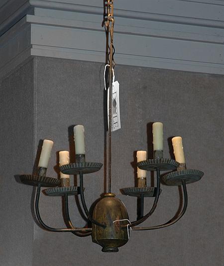Lot image - Iron, Sheet Iron and Wood Six-Light Chandelier