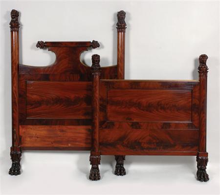 Lot image - Pair of Classical Carved Mahogany and Brass Mounted Twin Beds