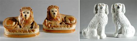 Lot image - Pair of Staffordshire Pottery Figures of Reclining Lions