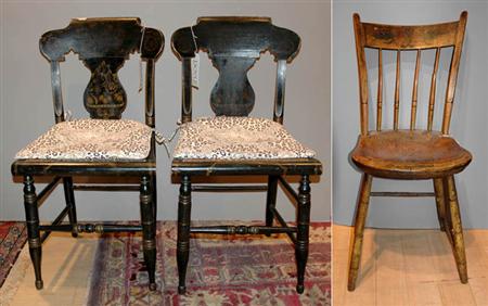 Lot image - Set of Five Yellow Painted Bamboo Turned Windsor Side Chairs; Together with a Pair of Gilt Stenciled Rush Seat Side Chairs