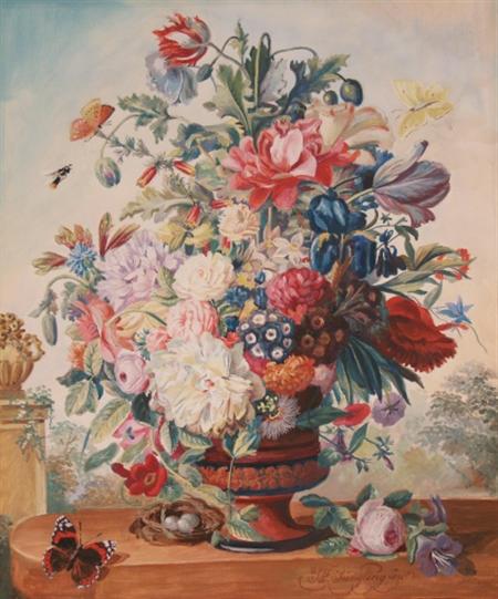 Lot image - Friedrich (Frederick) Jungling German, 1846-1889 Floral Still Life with Butterflies and a Birds Nest
