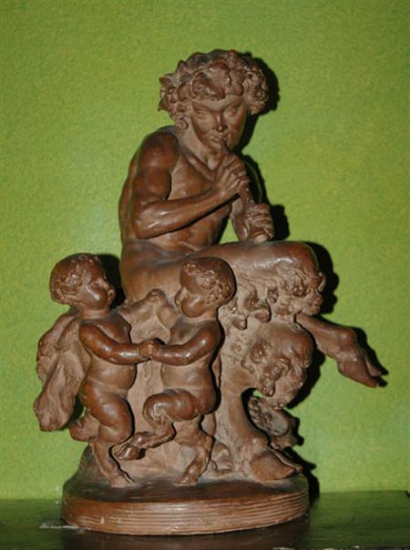 Lot image - Louis XVI Style Terra Cotta Figural Group of Pan and Putti