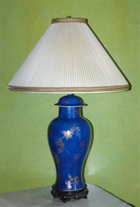 Lot image - Chinese Gilt Decorated Powder Blue Porcelain Covered Vase