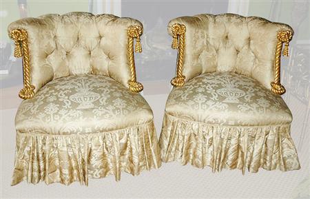 Lot image - Pair of Victorian Gilt-Wood and Tufted Upholstered Side Chairs