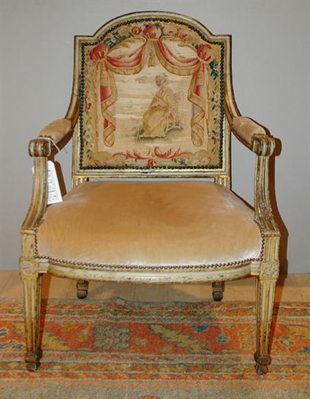 Lot image - Louis XVI Parcel Gilt and Cream Painted Fauteuil