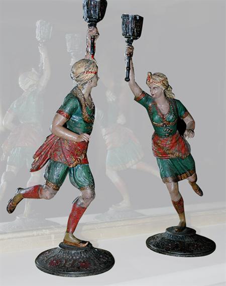 Lot image - Pair of Painted Metal Figural Candlesticks