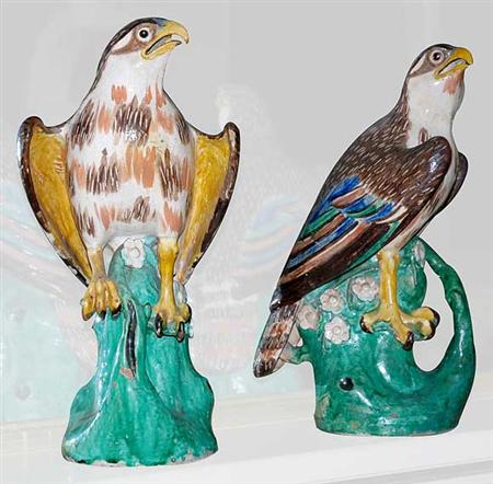 Lot image - Pair of Chinese Style Glazed Earthenware Figures of Hawks