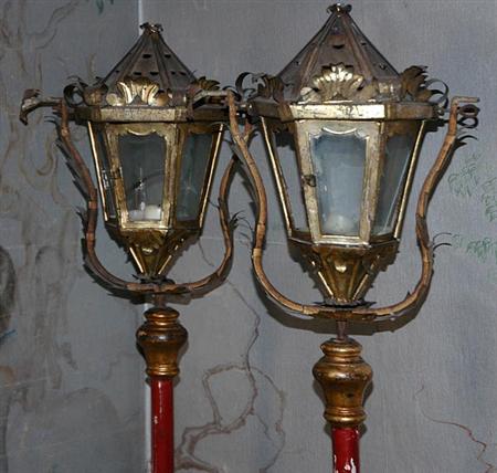 Lot image - Pair of Italian Painted and Gilt-Metal Gondola Lanterns