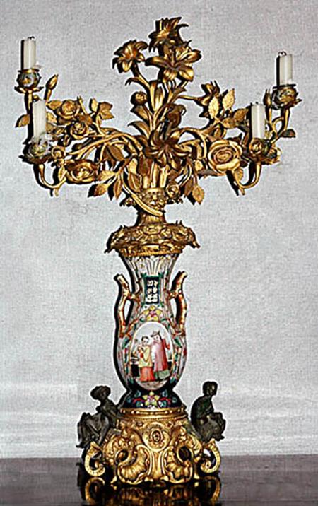 Lot image - Napoleon III Gilt and Patinated-Metal and Porcelain Four-Light Candelabrum