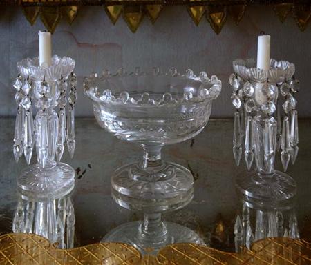 Lot image - Pair of Anglo Irish Victorian Cut Glass Lustre Candlesticks; Together with an Anglo Irish Cut Glass Oval Center Bowl