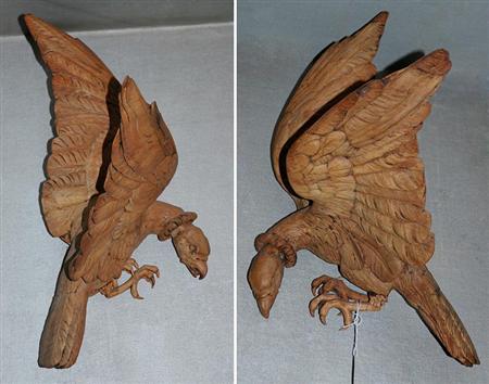 Lot image - Pair of Carved Wood Wall Appliques of Hawks