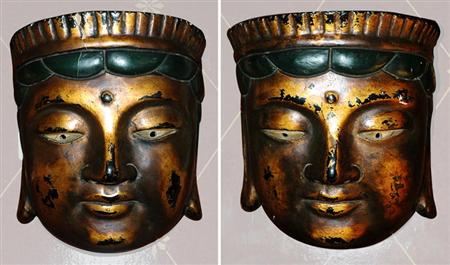 Lot image - Pair of Southeast Asian Gilt Decorated and Painted Masks