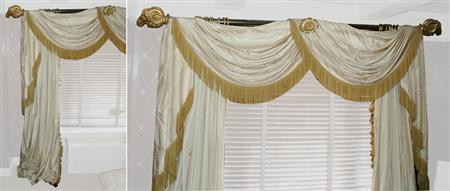 Lot image - Set of Silk Drapes; Together with a Rams Head Curtain Rod and Central Rosette