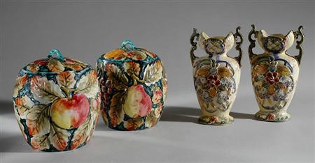 Lot image - Pair of German Faience Vases; Together with a Pair of Italian Faience Covered Jars