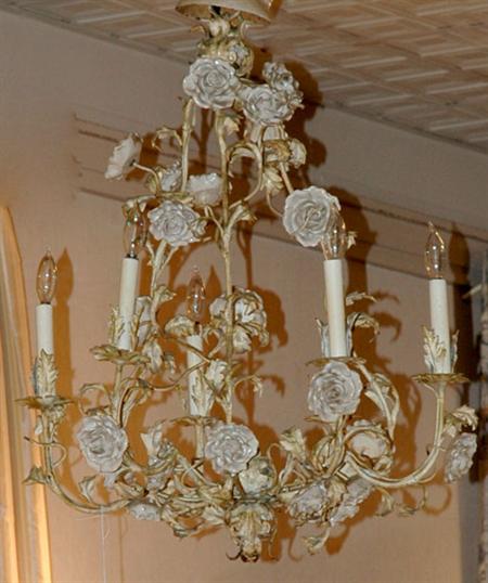 Lot image - Louis XV Style White Painted Tole and Porcelain Five-Light Chandelier