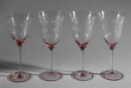 Lot image - Set of Twenty-Four Pink Etched Stemmed Wine Glasses
