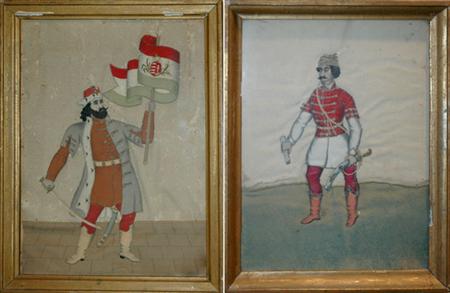 Lot image - Pair of Framed Continental Decorative Fabric Needleworks of Soldiers