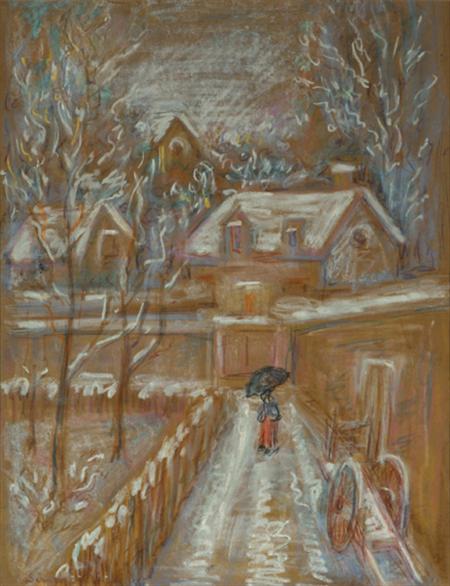 Lot image - Attributed to Paul Serusier Woman on a Rainy Brittany Village Road