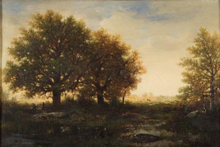 Lot image - Gilbert Davis Munger American, 1837-1903 Figures in a Clearing - Twilight