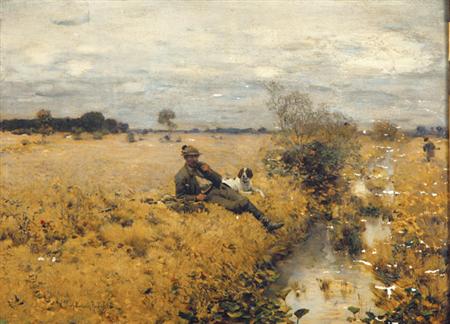 Lot image - Alfred von Wierusz-Kowalski Polish, 1849-1915 A Rest by a Stream after the Hunt