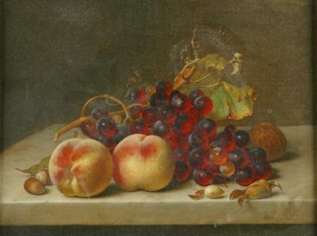 Lot image - Johann Wilhelm Preyer German, 1803-1899 Still Life with Grapes, Peaches and Nuts on a Marble Plinth, 1871