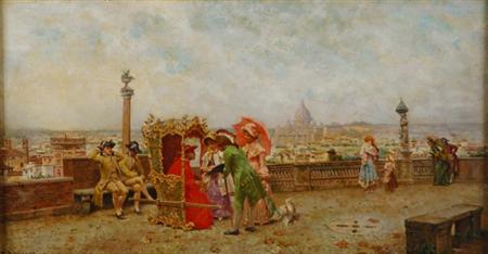 Lot image - Luis Alvarez Catala Spanish, 1836-1901 View of Rome from the Hills above the Piazza del Populo, with Figures in 18th Century Dress
