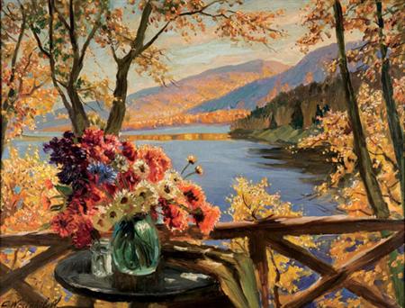 Lot image - Constantin Aleksandrovich Westchiloff Russian, 1877-1945 Floral Still Life by a Mountain Lake