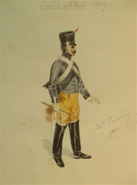 Lot image - Austrian School 19th Century Officer in the Imperial Artillery Corps, 1809; T/W French School Early 20th Century Soldier on Sentry Duty