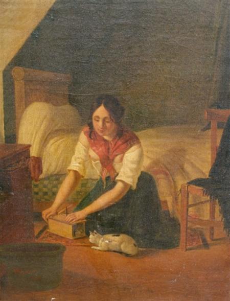 Lot image - Albert Kindler German, 1833-1876 Girl with Cat and Girl on a Bed: Two