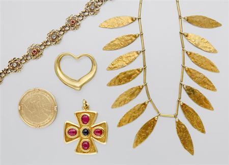 Lot image - Group of Gold and Gem-Set Jewelry and Metal Necklace