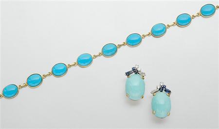 Lot image - Pair of Turquoise, Diamond and Sapphire Earclips and Simulated Turquoise Bracelet