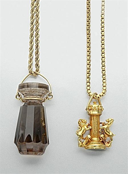 Lot image - Two Gold Fob Seal Pendants and Chain