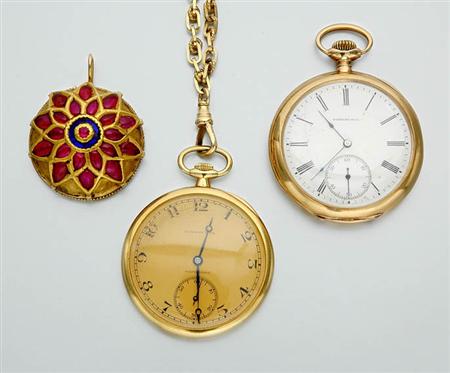Lot image - Two Open-Face Pocket Watches, a Watch Chain, a Pendant and Coin